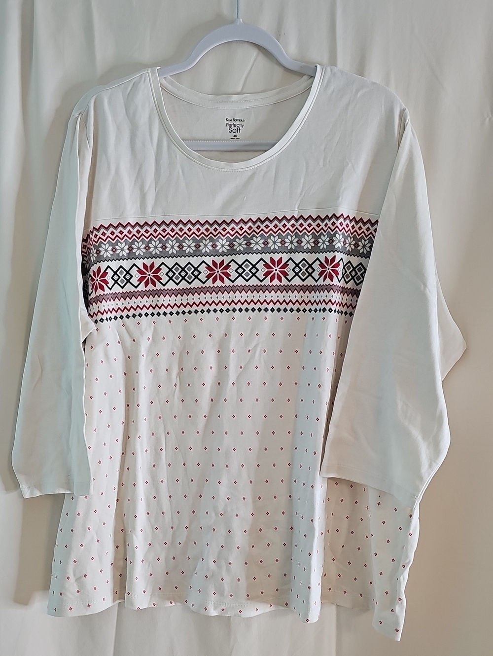 Kim Rogers Cream Long-Sleeve Top with Red and Gray Fair Isle Yoke